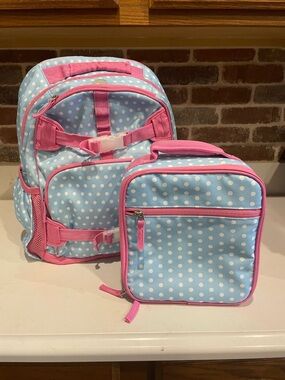 Pottery Barn Kids Blue Polka Dot Backpack & Lunch Bag with Pink Trim